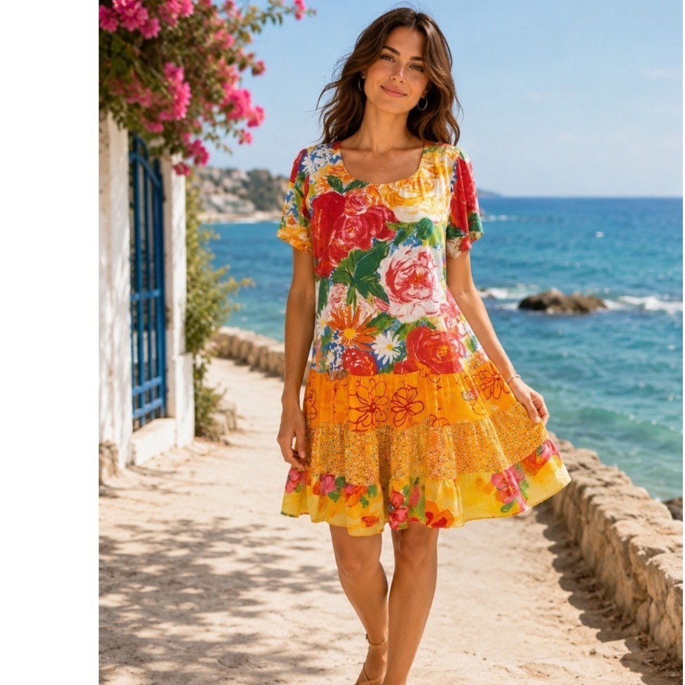 Jams world dress Sz M Tiered Ruffle Hem Rayon Dress Multi Color boho Cottagecore